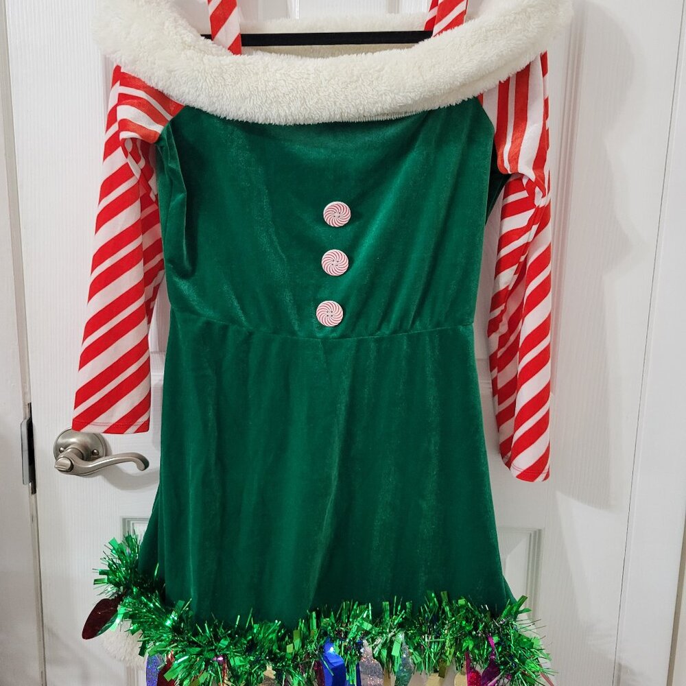 LOVE & LET LOVE Off-shoulder Velvet Candy Cane Dress Tinsel Hem Size Medium